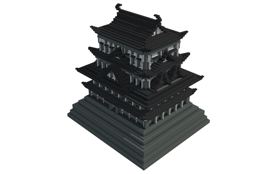 Japanese Castle: Tiered Stone Keep with Sweeping Roofs - 3/4 right