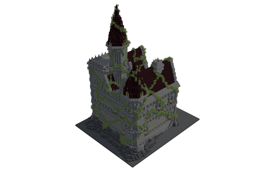 Gothic Mansion with Twin Spires and Ivy-Clad Stone Walls - 3/4 right