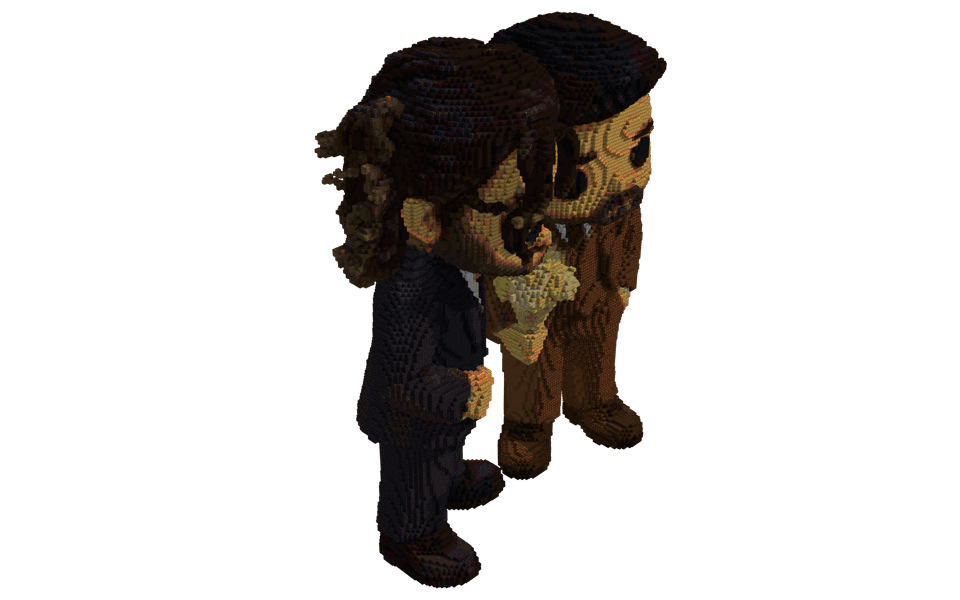 Block Mesh: Twin Chibi-Style Character Statues - 3/4 right