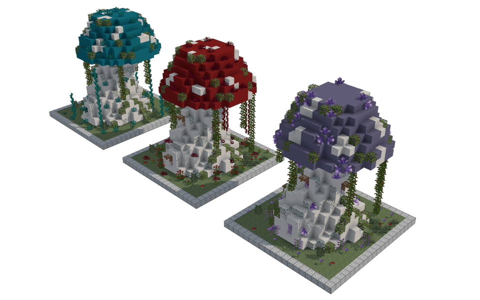 Trio of Fantasy Mushroom Cottages - 3/4 right